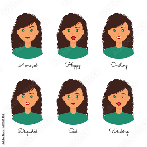 Curly hairstyle woman emotions cartoon expressions collection