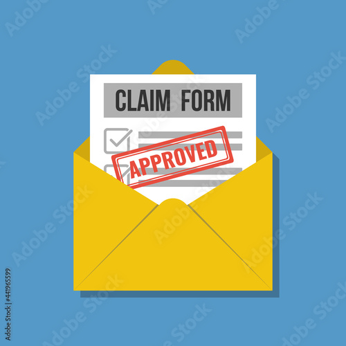 paper document claim form with stamp approved in opened envelope, flat vector illustration