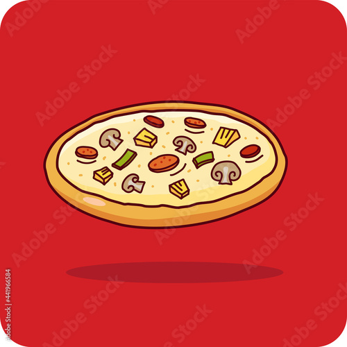 Pizza with topping Mushroom, ham, bacon and pineapple, vector design and isolated background.