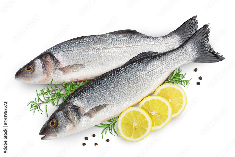 Sea bass fich isolated on white background with clipping path. Top view. Flat lay Sea bass fich isolated on white background with clipping path. Top view. Flat lay