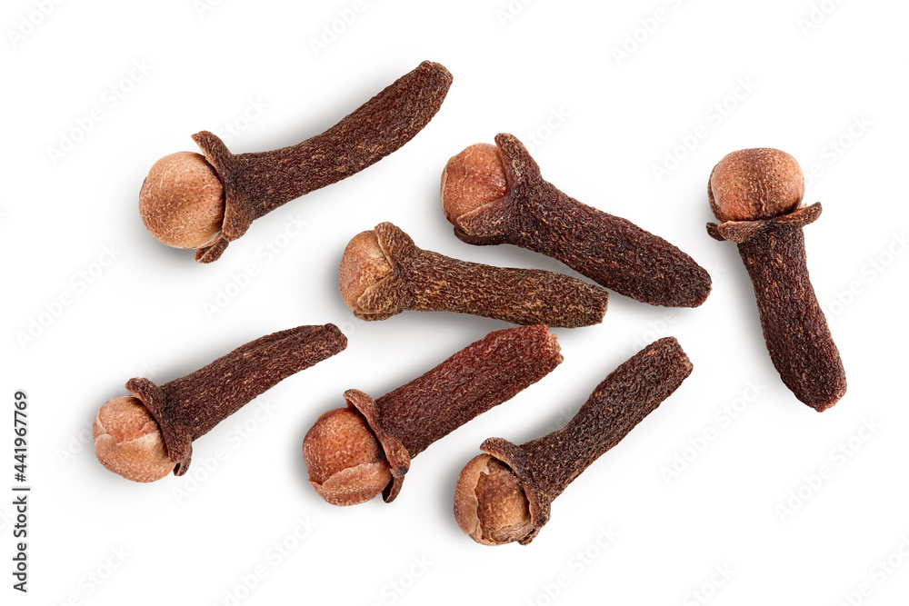Dry spice cloves isolated on white background with clipping path. Top view. Flat lay Dry spice cloves isolated on white background with clipping path. Top view. Flat lay