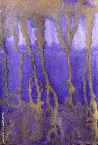 Watercolor illustration purple background with golden smudges. Trickles of gold paint. Backdrop for the design of postcards, fabrics, wallpaper, website, packaging, paper.