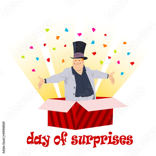 Day of Surprises. Man jumps out of box. Happy holiday. Template landing page.