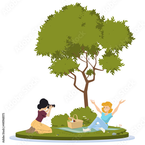 Girlfriends taking photos in nature. Illustration for internet and mobile website.