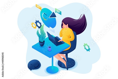 Isometric 3D. Girl Working At The Remote Work. Work At Home, Freelancer. Concept For Web Design