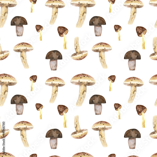 Watercolor illustration. Seamless pattern with brown mushrooms