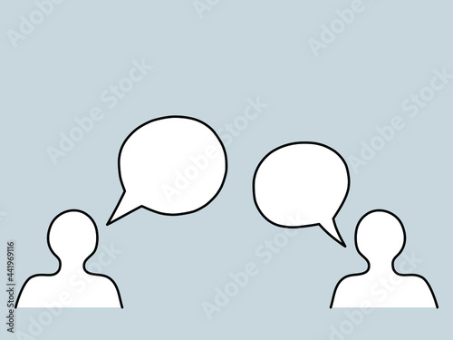Two people are talking. Blank face and blank speech bubble for communication concept.