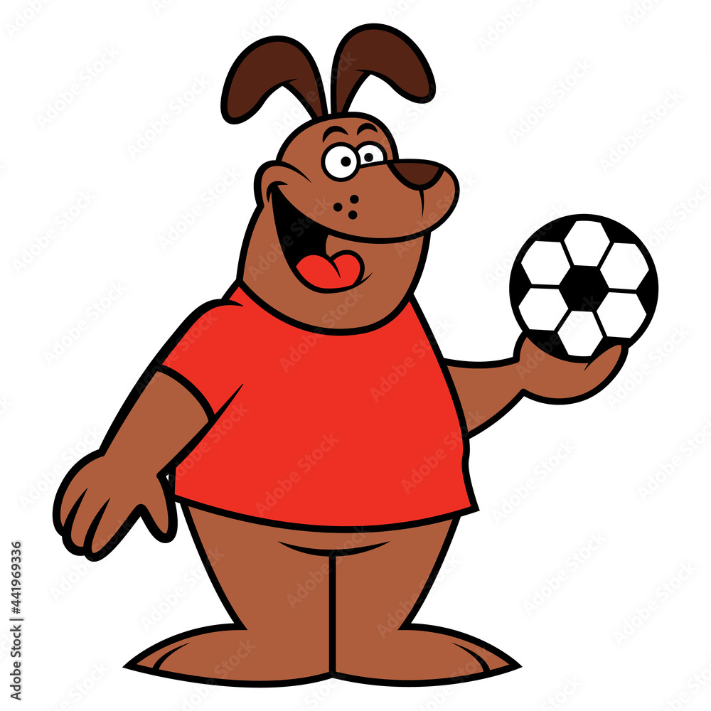 Cartoon illustration of a Dog wearing soccer ball jersey and holding a