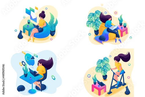 Set Isometric 3D On The Topic Of Womens Self-Isolation, Work At Home, Sports. For Web Design