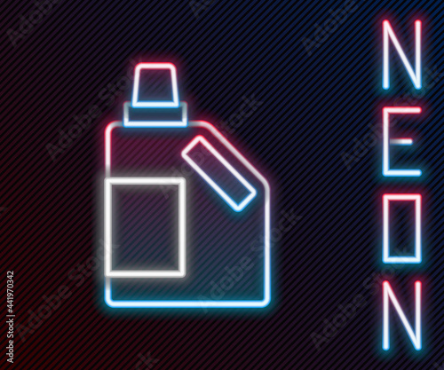 Glowing neon line Plastic bottle for laundry detergent, bleach, dishwashing liquid or another cleaning agent icon isolated on black background. Colorful outline concept. Vector