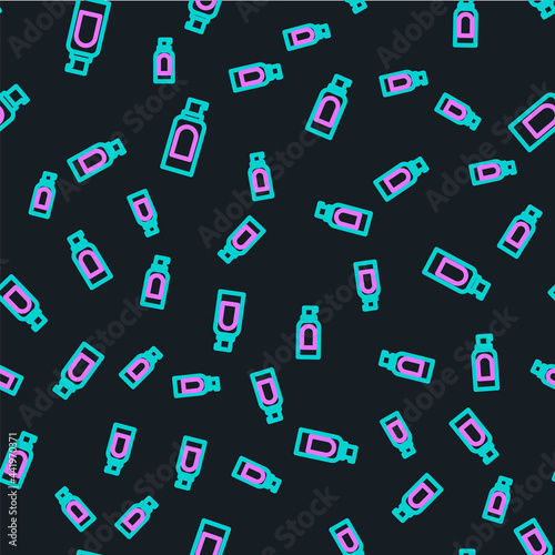 Line Spray can for hairspray, deodorant, antiperspirant icon isolated seamless pattern on black background. Vector