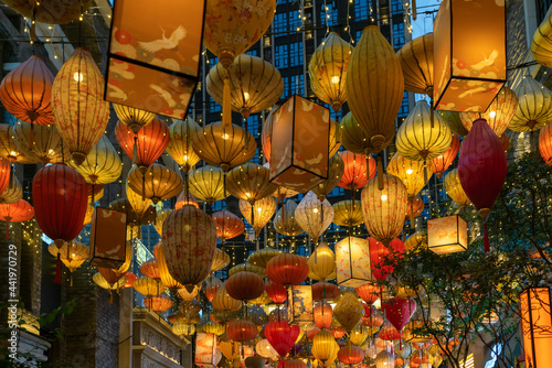Colorful lanterns hang on the wall