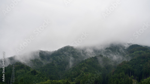 濃霧の山。日本の田舎の自然風景。