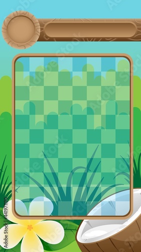 match game design tropical background with white exotic flower and coonut