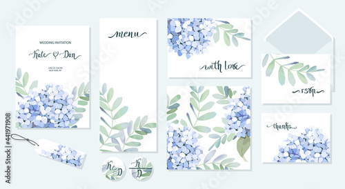 Set of floral card with eucalyptus leaves and hortensia. Greenery frame. Rustic style. For wedding, birthday, party, save the date. Vector illustration.