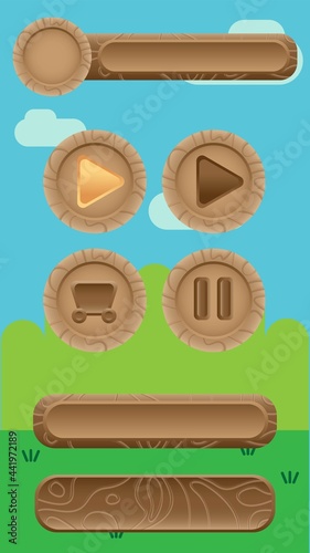 Wooden elements for game design user interface with play pause shop and bars