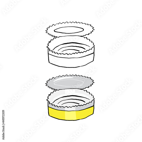 Outline and colorful element plastic pollution. Оpen tin can,  Symbol of problem globe pollution. Cartoon hand-drawing style. Garbage and trash object.