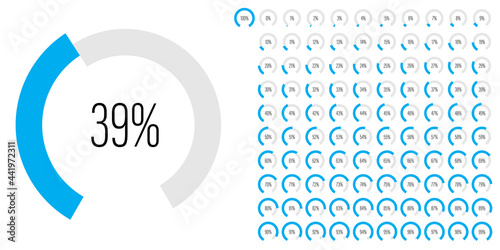 Set of circular sector arc percentage diagrams meters progress bar from 0 to 100 ready-to-use for web design, user interface UI or infographic - indicator with blue