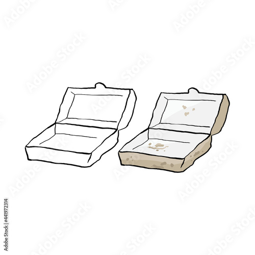 Outline and colorful element plastic pollution. Dirty plastic food box. Symbol of problem globe pollution. Cartoon hand-drawing style. Garbage and trash object.