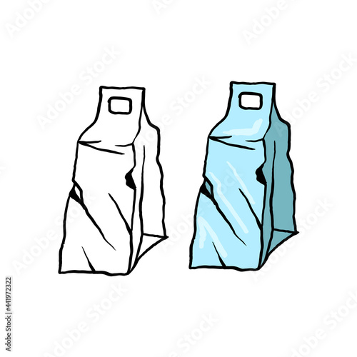 Outline and colorful element plastic pollution. Crumpled carton of milk or other packege. Symbol of problem globe pollution. Cartoon hand-drawing style. Garbage and trash object