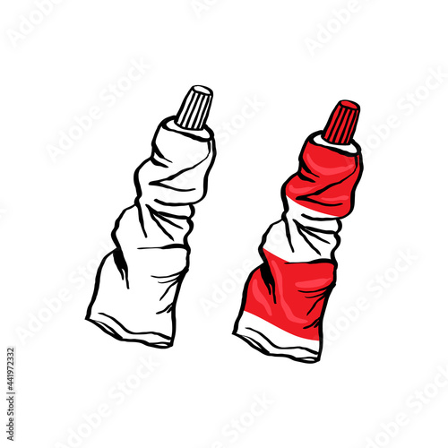 Outline and colorful element plastic pollution. A crumpled plastic tube of toothpaste. Symbol of problem globe pollution. Cartoon hand-drawing style. Garbage and trash object.