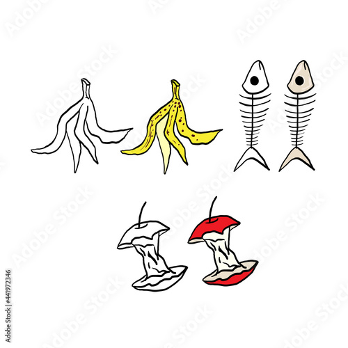 Outline and colorful elements of biodegradable food waste. Spoiled food or rotting food waste. Symbol of problem globe pollution. Cartoon hand-drawing style. Garbage and trash object.