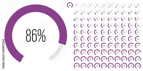 Set of circular sector arc percentage diagrams meters progress bar from 0 to 100 ready-to-use for web design, user interface UI or infographic - indicator with purple