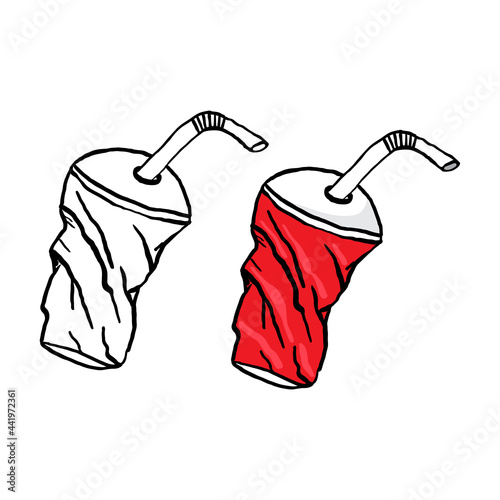 Outline and colorful element plastic pollution. Crumpled plastic cup with a straw.  Symbol of problem globe pollution. Cartoon hand-drawing style. Garbage and trash object.