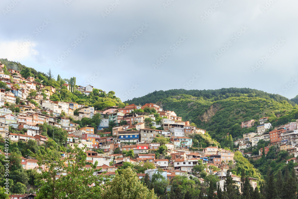 Old Turkish village houses on green mountain slopes in Bursa in summer. Bursa is big and touristic city in Turkey.