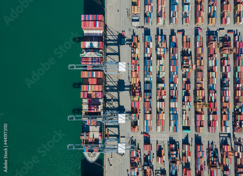 Aerial top view Logistics and transportation of Container Cargo ship and Cargo import export and business logistics