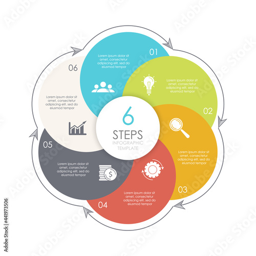 Circle infographic template with 6 options, elements or steps. Business concept for presentations, layouts, reports and round diagram. Vector illustration