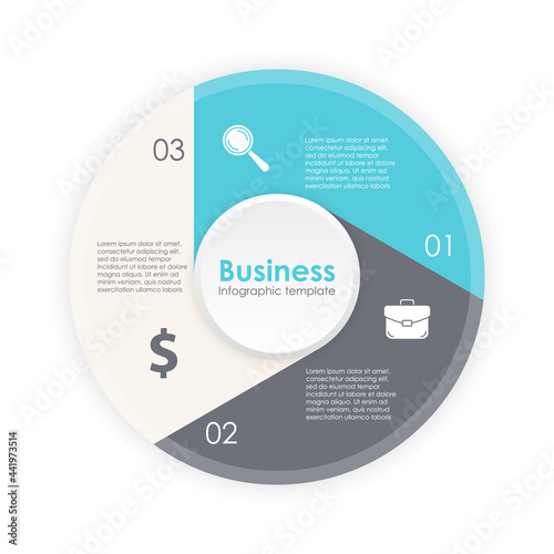 Circle infographic template with 3 options, elements or steps. Business concept for presentations, layouts, reports and round diagram. Vector illustration