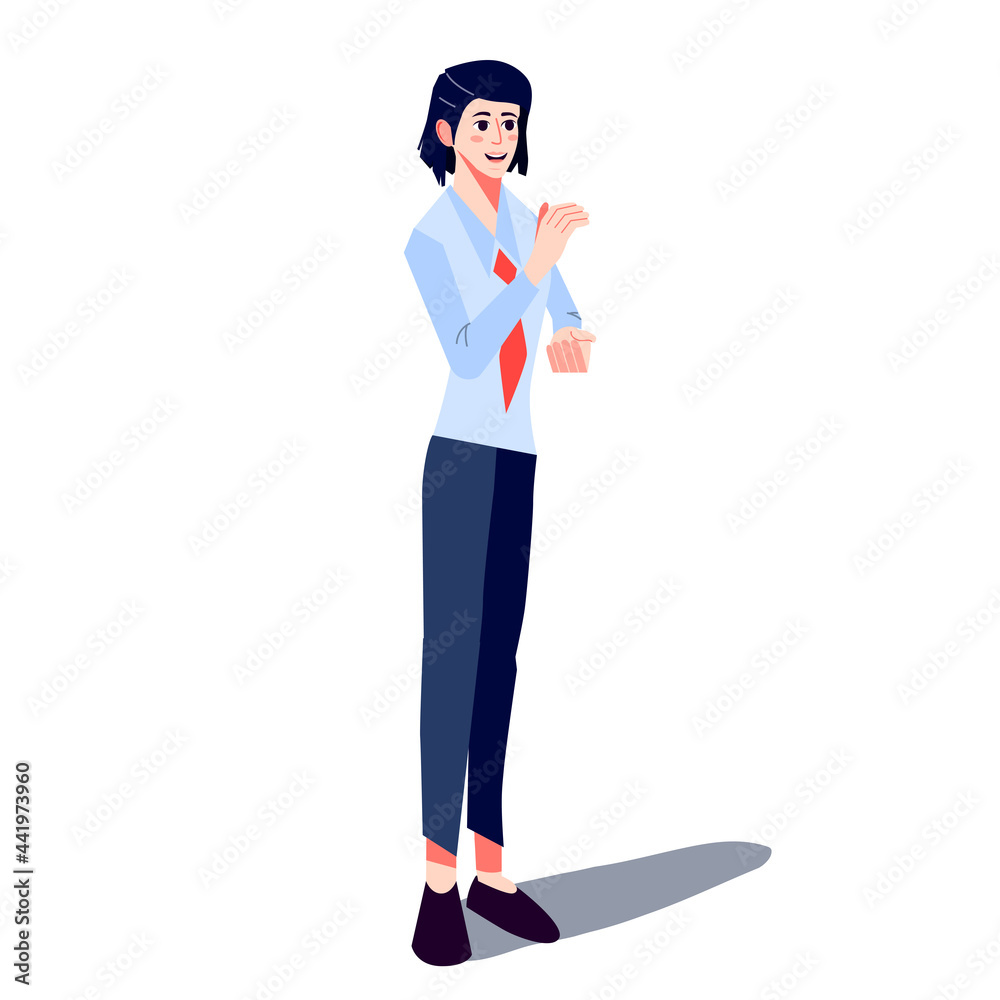 Young businesswoman smiling standing in formal clothes. Portrait of Happy young office worker. Cartoon Vector illustration isolated on white background.