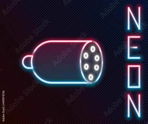 Glowing neon line Salami sausage icon isolated on black background. Meat delicatessen product. Colorful outline concept. Vector