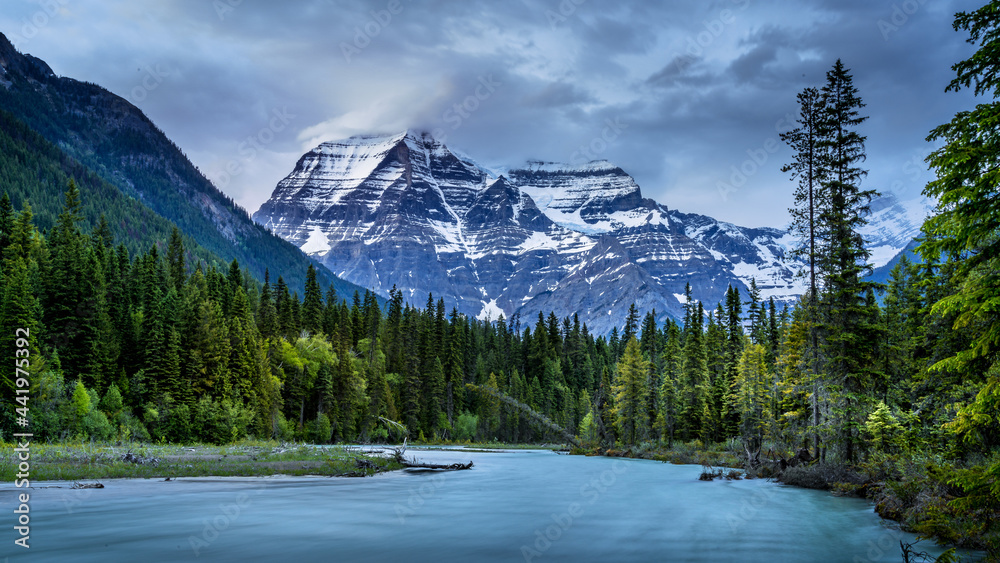 Long Exposure at Blue Hour after Sunset of the Robson River and  Mount Robson, the highest peak in the Canadian Rockies, British Columbia, Canada