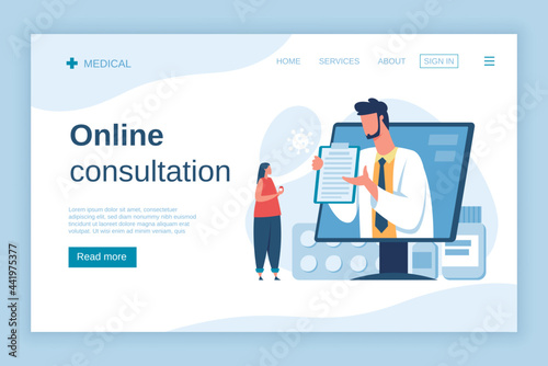 Online doctor consultation. Patient digital medical appointment with doctor. Online pharmacy, healthcare insurance concept vector landing page. Internet meeting with pill prescription