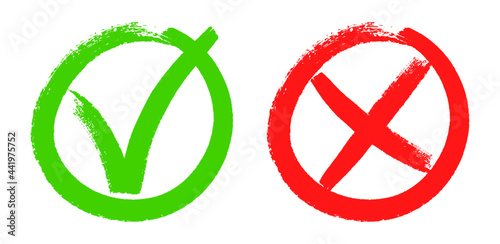 Doodle checkmarks. Grunge brush stroke tick and cross signs. Green v mark, red x sign. Yes or no checklist marks in circles vector set. Correct and wrong answers choice. Positive, negative