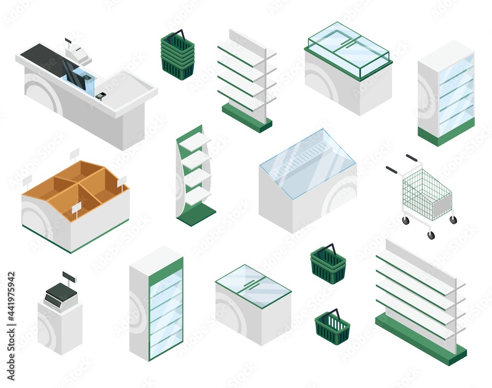 Isometric store furniture. Counter, checkout, shelves, showcase