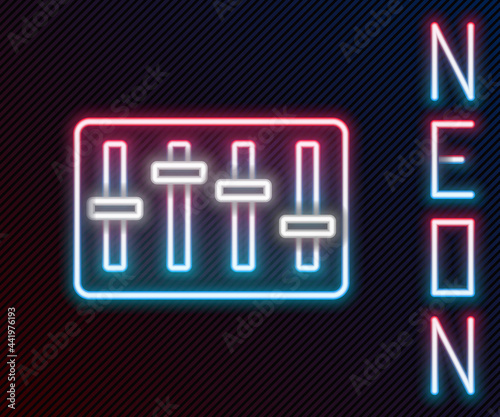 Glowing neon line Sound mixer controller icon isolated on black background. Dj equipment slider buttons. Mixing console. Colorful outline concept. Vector