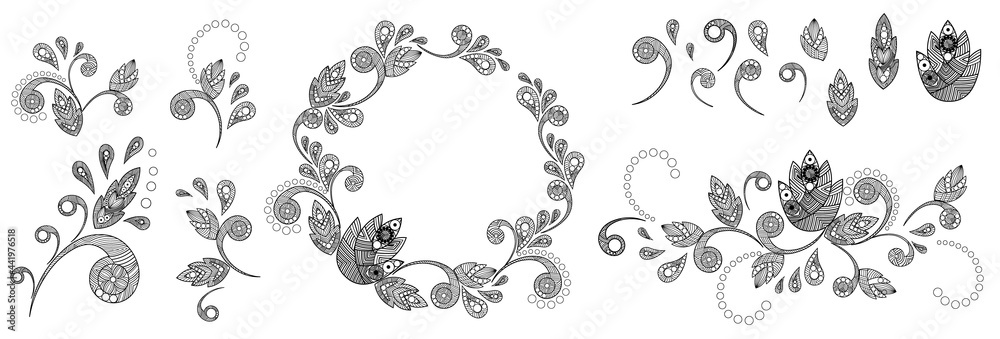 A set of bouquets of curls, for decorating cards, banners, creating ethnic ornaments and backgrounds.