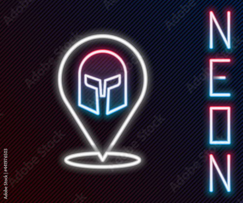 Glowing neon line Greek helmet icon isolated on black background. Antiques helmet for head protection soldiers with a crest of feathers or horsehair. Colorful outline concept. Vector