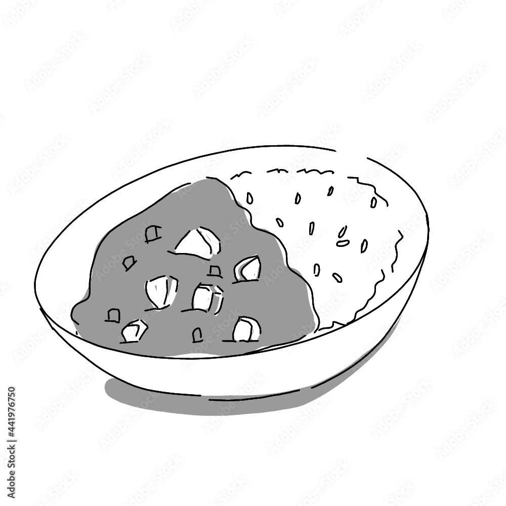 Japanese food illustration. Hand drawn sketch. Japanese cuisine. Vector illustration of Curry in a bowl. Menu design elements. Isolated objects. Japanese food illustration. Hand drawn sketch. Japanese cuisine. Vector illustration of Curry in a bowl. Menu design elements. Isolated objects.