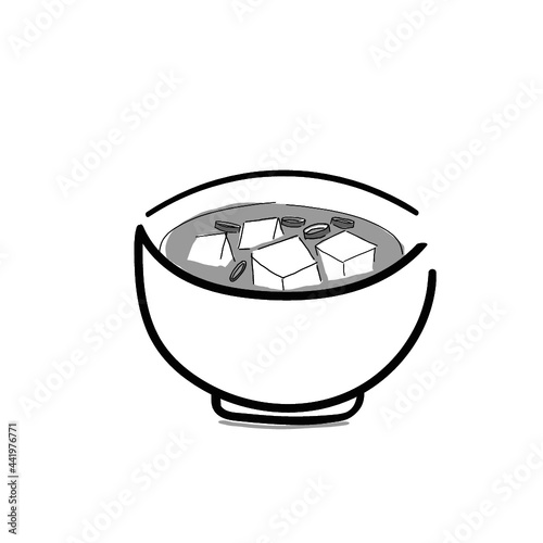 Japanese food illustration. Hand drawn sketch. Japanese cuisine. Vector illustration of Miso soup in a bowl. Menu design elements. Isolated objects.