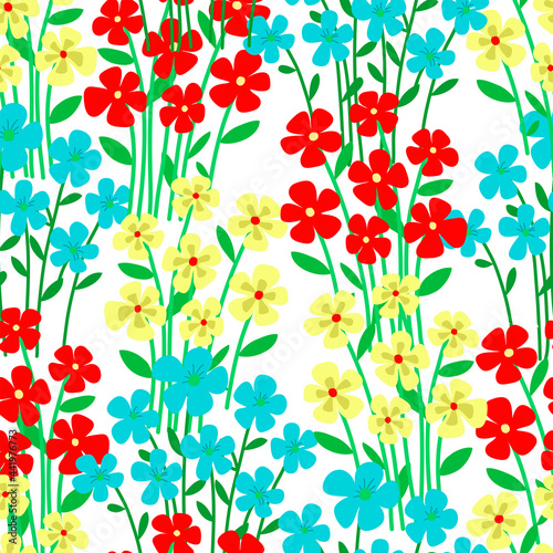 Cute summer floral pattern on a white background. Blue, red, yellow flowers. Vector drawing.
