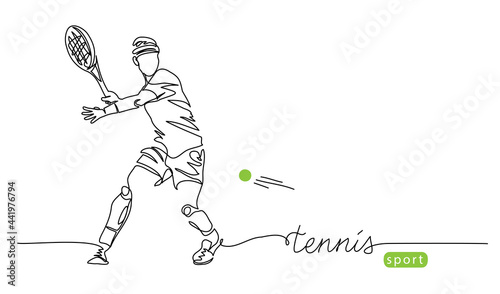 Tennis player simple vector background, banner, poster with man, racket and ball. One line drawing art illustration of male tennis player photo