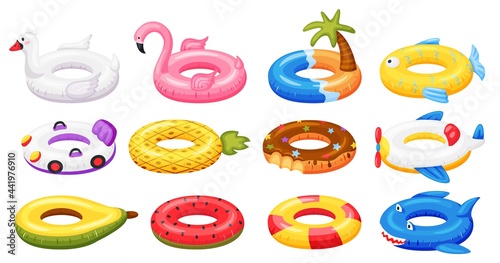 Swimming ring. Inflatable pool accessories, floating rubber toys watermelon, pineapple, donut, flamingo. Cartoon summer swim ring vector set. Rescuing bright elements for party pool
