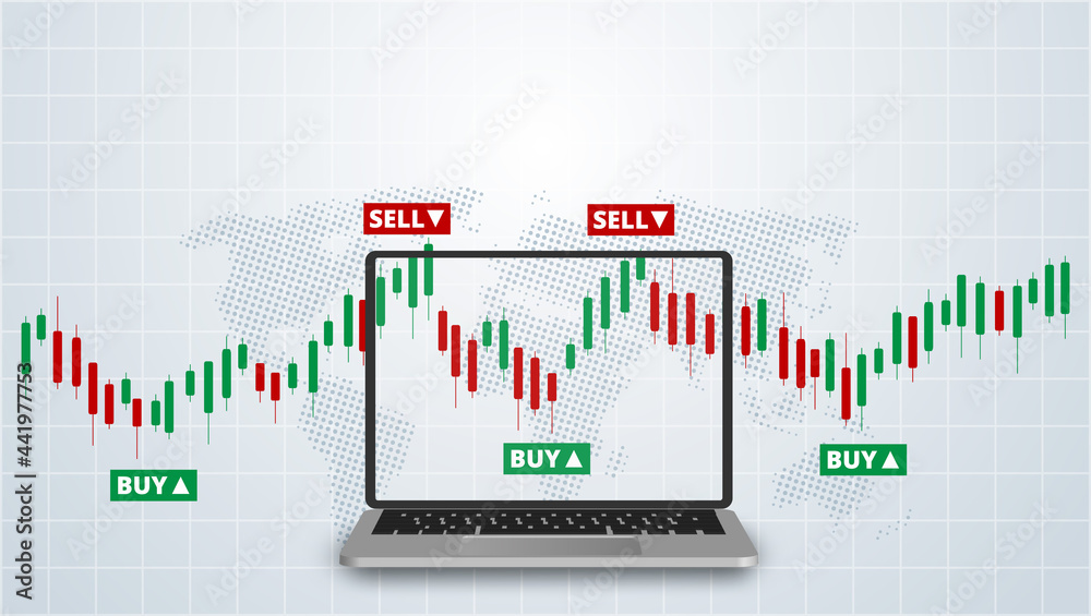 Stock Forex trading exchange of world trading online with laptop. Buy and sell signals. White background. Vector.