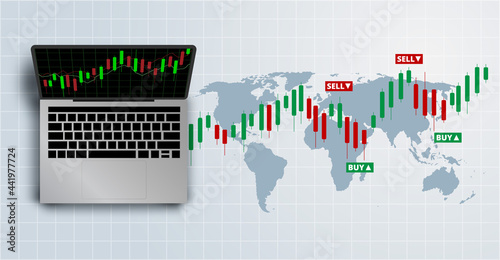 Stock Forex trading exchange of world trading online with laptop. Buy and sell signals. White background. Vector.