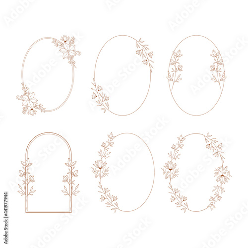 Set of hand drawn oval frames. Floral and botanical borders. Vector isolated illustration.