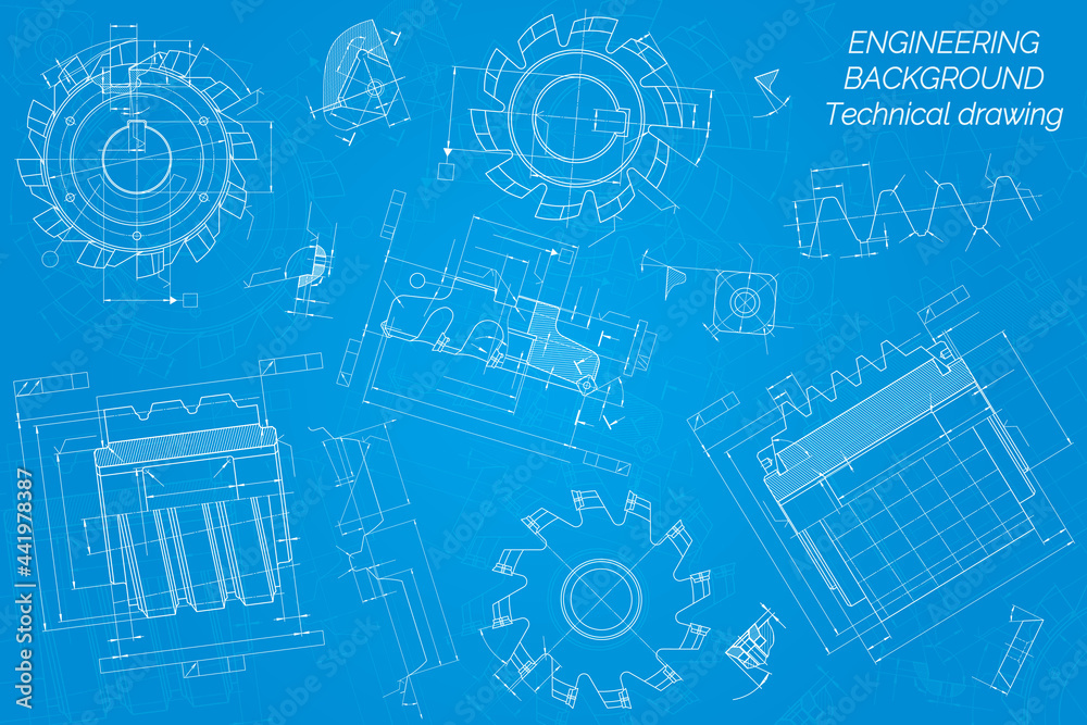 Mechanical engineering drawings on blue background. Cutting tools, milling cutter. Technical Design. Cover. Blueprint. Vector illustration.